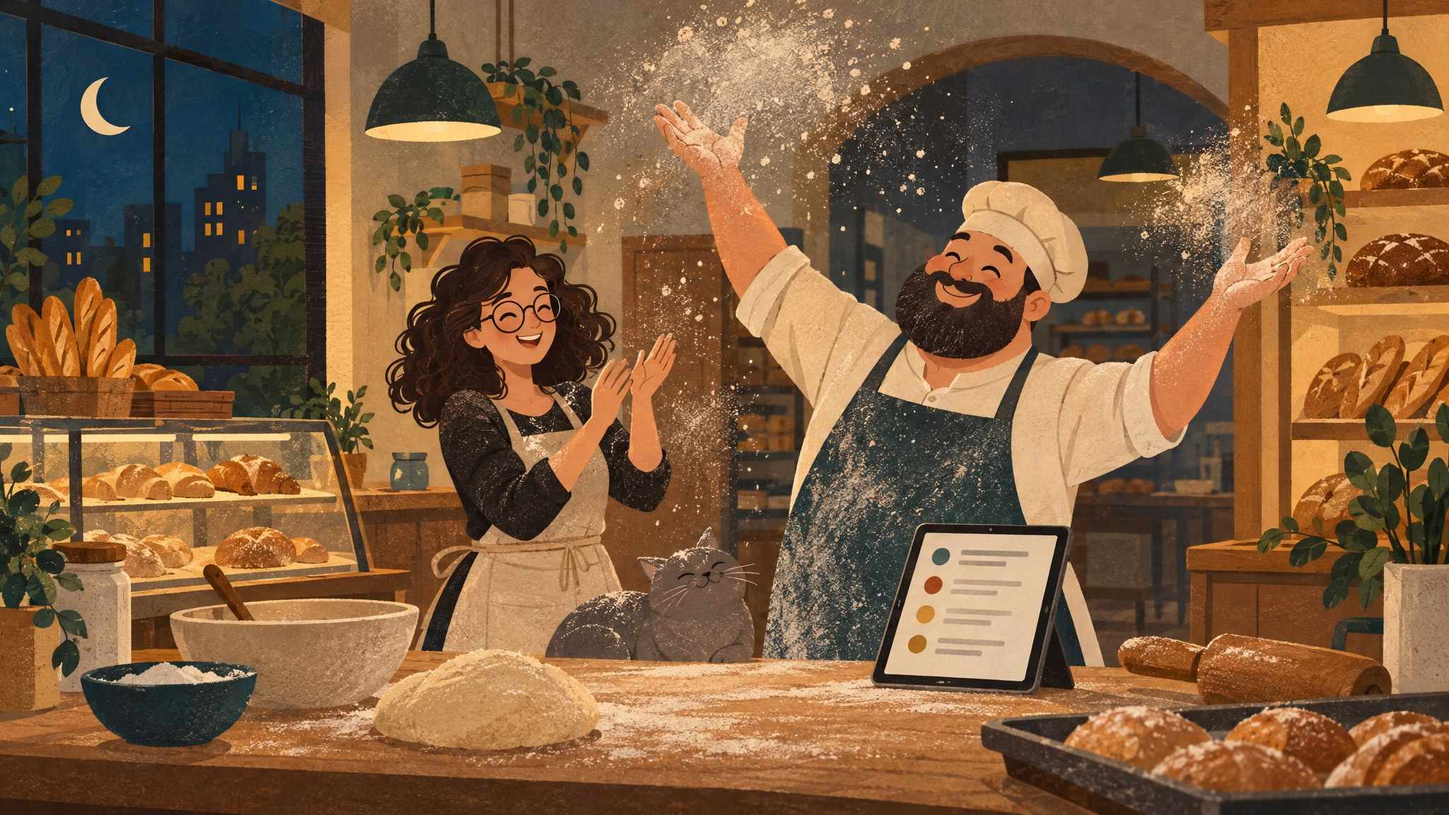 At night in the bakery, the baker throws flour in the air like confetti while Ida applauds, a tablet with a long list of orders on the counter.