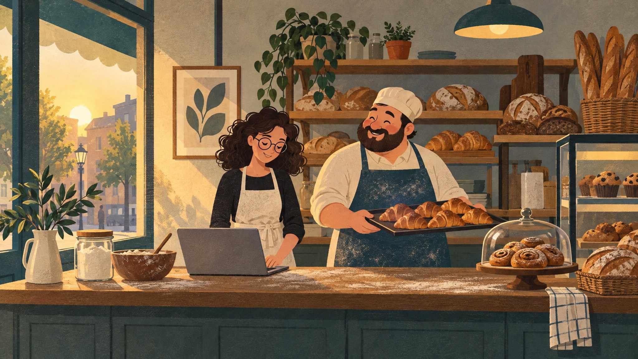 Ida behind the counter of a bakery at dawn with her laptop, next to a cheerful round baker holding a tray of croissants.