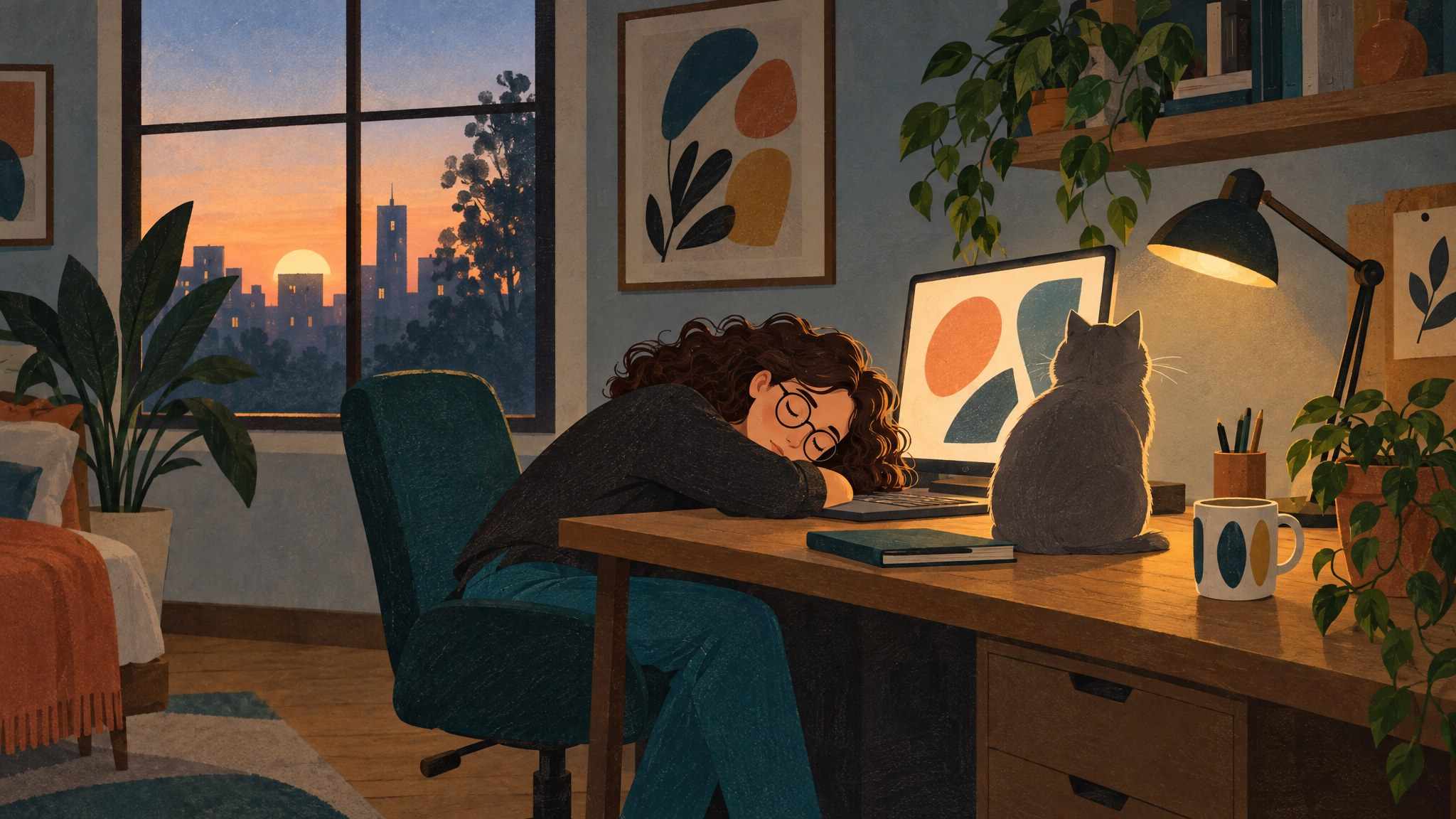 Late at night Ida has fallen asleep on her keyboard while the grey cat sits on the desk staring at the monitor, dawn at the window.