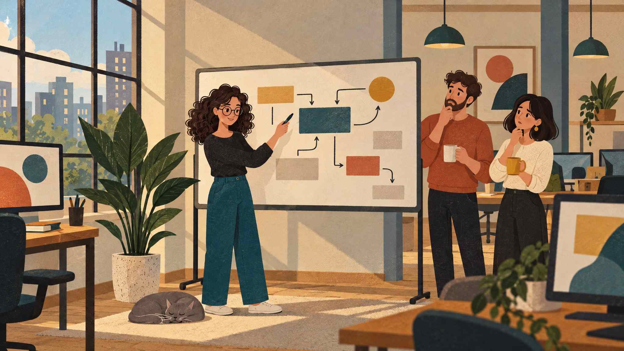 Ida at a whiteboard covered in boxes and arrows in a bright office, two puzzled colleagues holding coffee mugs watching her.