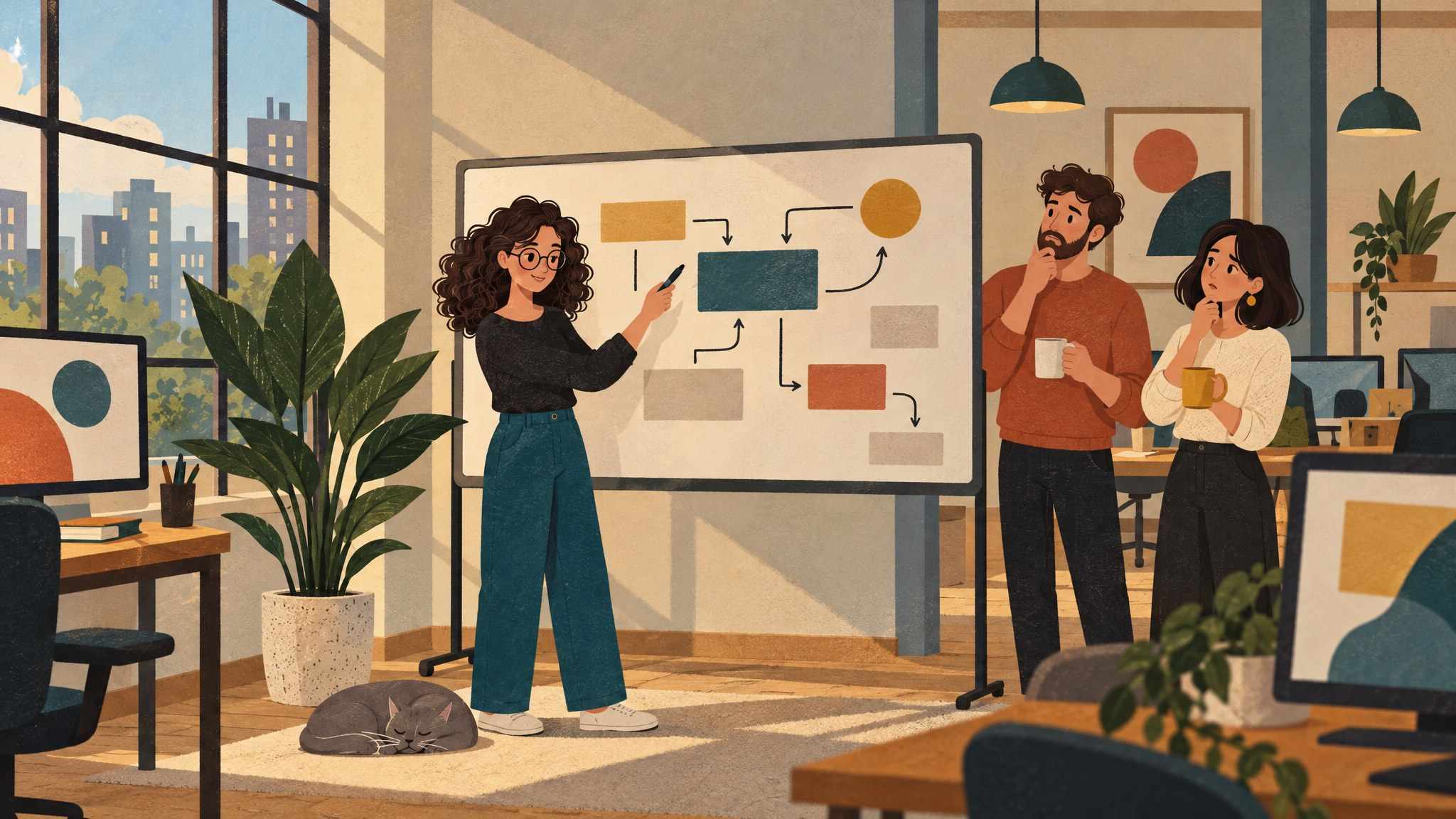 Ida at a whiteboard covered in boxes and arrows in a bright office, two puzzled colleagues holding coffee mugs watching her.