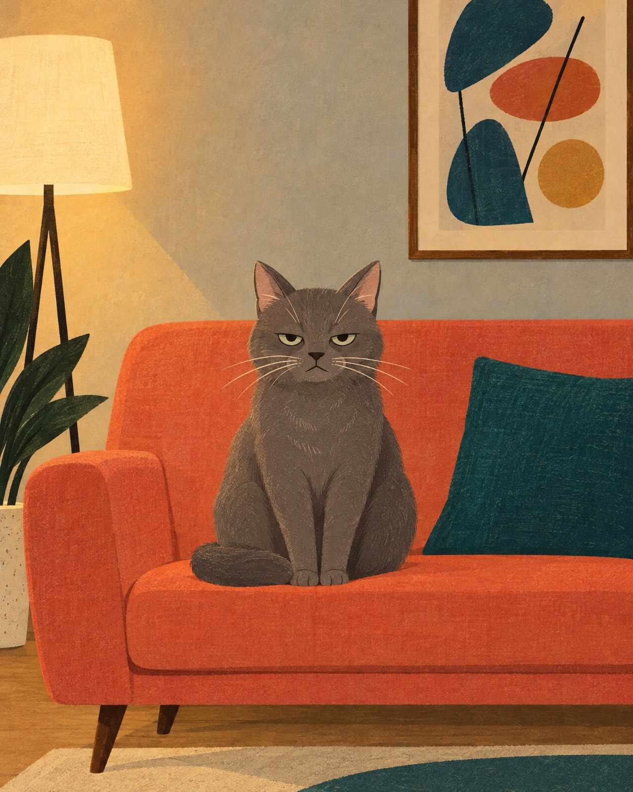 A grey cat sitting upright on a coral sofa, looking deeply unimpressed.
