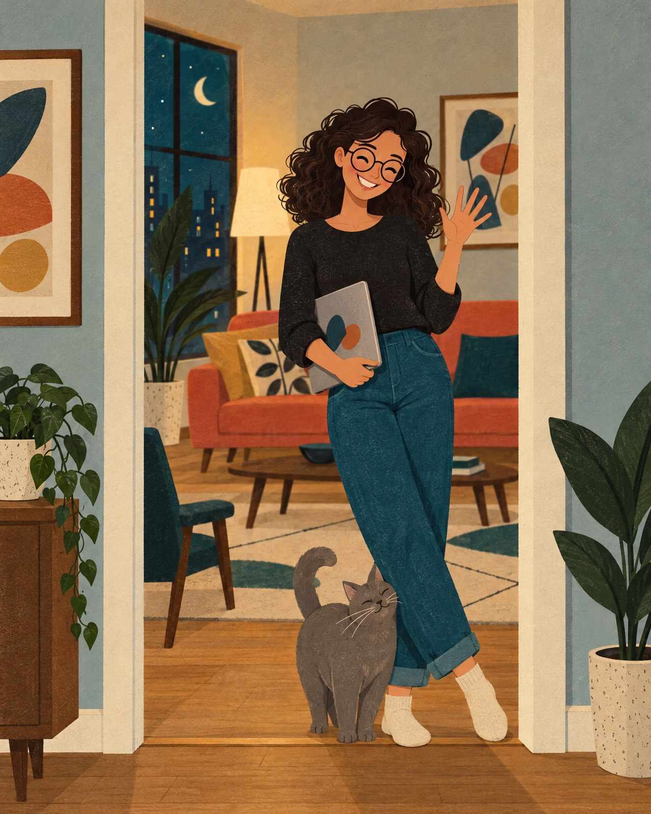 Ida leaning in a doorway with her laptop under her arm, waving with a big grin, the grey cat at her feet.