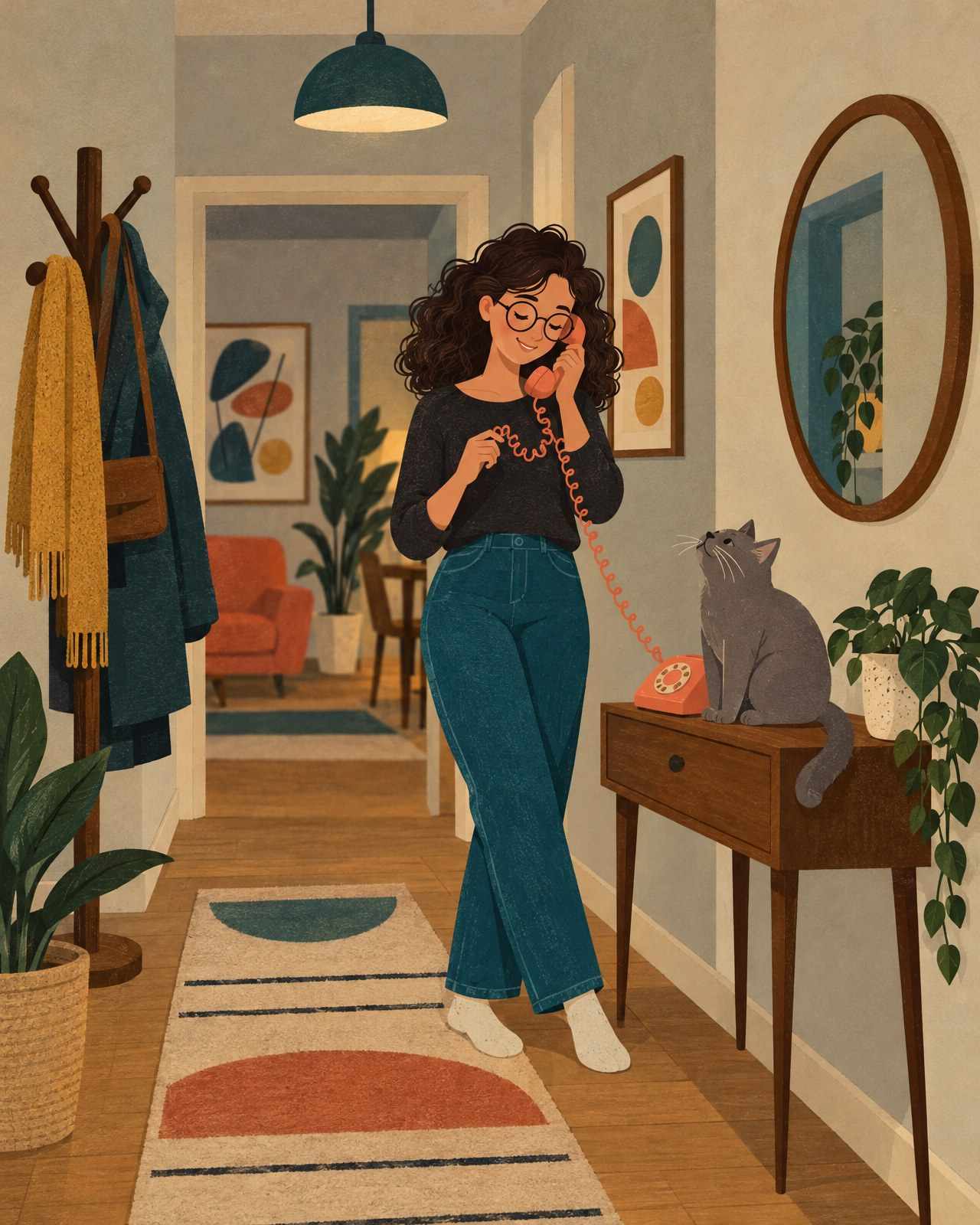 Ida on a coral rotary telephone in the hallway, twirling the cord, the grey cat on the phone table looking up at her.