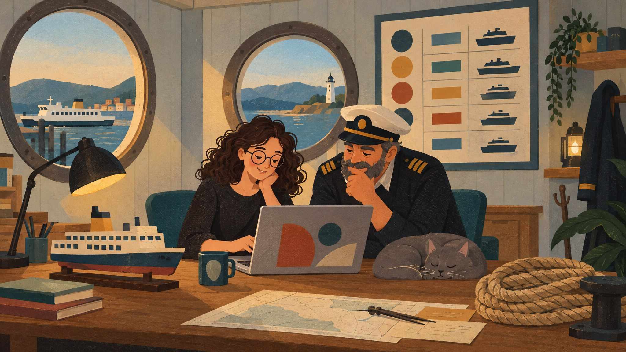 Ida and the ferry captain in a tiny harbour office with round windows, leaning over a laptop next to a ship model.