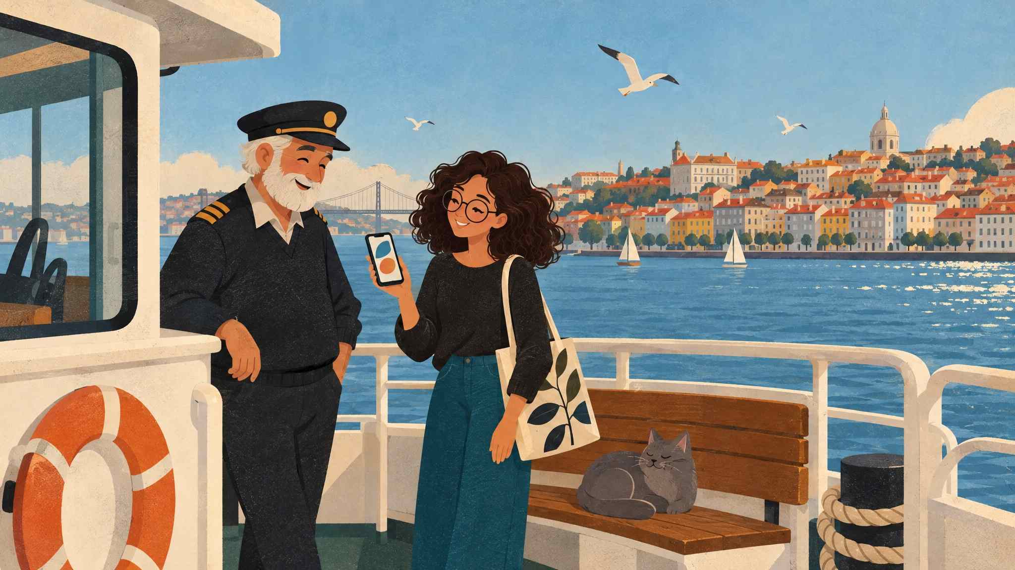 Ida on the deck of a white river ferry in the morning, showing her phone to a smiling captain with a white beard, the grey cat sitting on a bench.