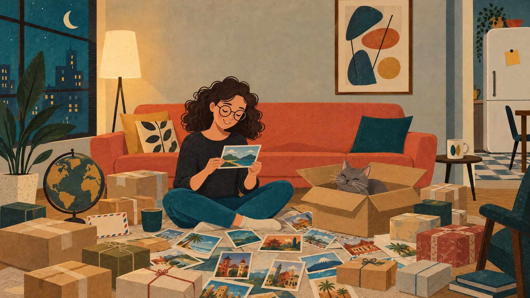 Ida sitting on her living room floor surrounded by postcards and parcels from around the world, the grey cat sitting in an open box.