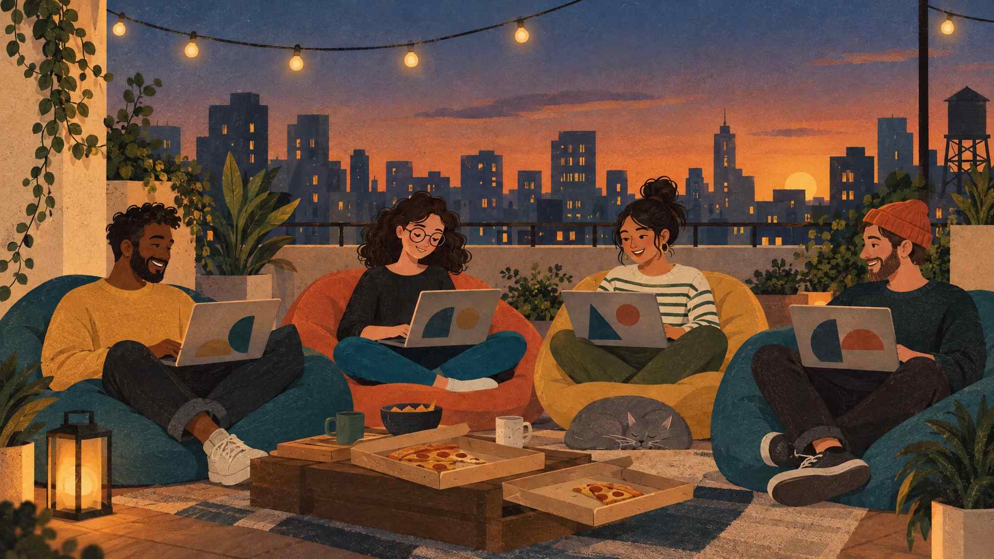 Ida on a city rooftop at dusk under string lights, with a group of people with laptops on bean bags and pizza boxes.