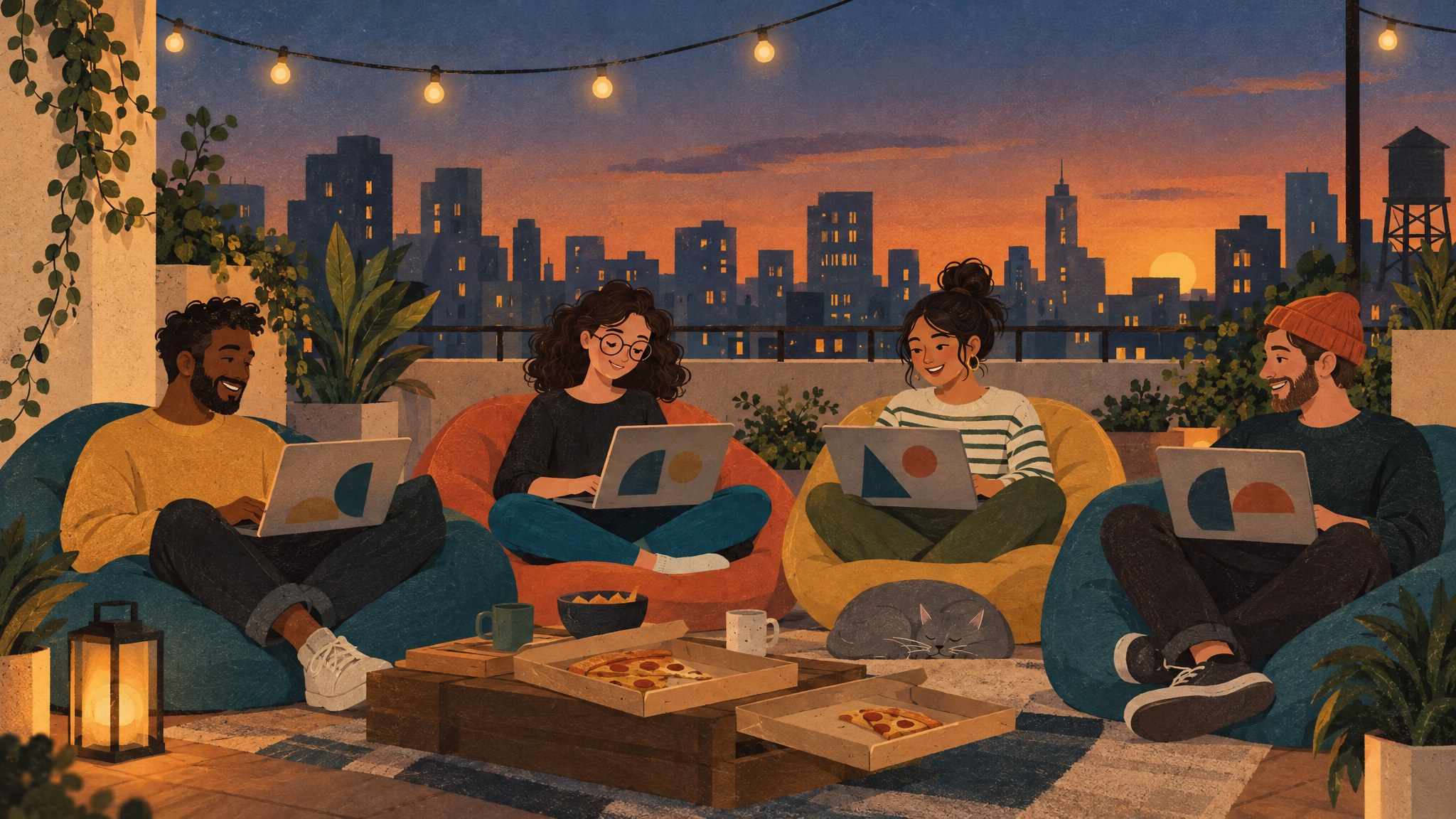 Ida on a city rooftop at dusk under string lights, with a group of people with laptops on bean bags and pizza boxes.