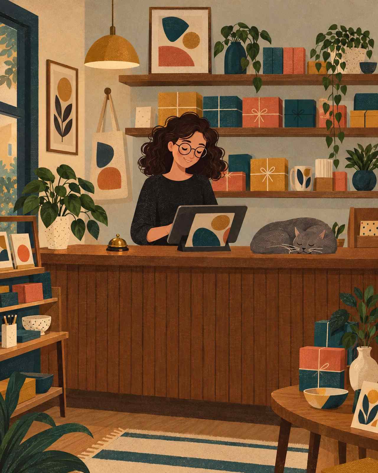 Ida behind the counter of a tiny mid-century corner shop, shelves of wrapped boxes behind her, the grey cat asleep on the counter.